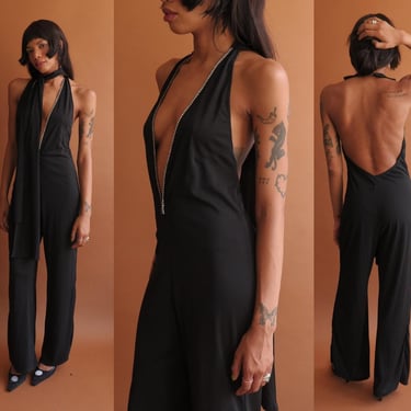 Vintage 90s Fredericks of Hollywood Rhinestone Wide Leg Jumpsuit/1990s Plunge Neckline Black Catsuit/ Size Large 