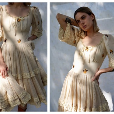 1970's Cotton Dress / Mexican Crochet Lace Swing Dress  / Seventies Embroidered Boho Dress / Cream Linen Dress / Summer Wedding Dress 