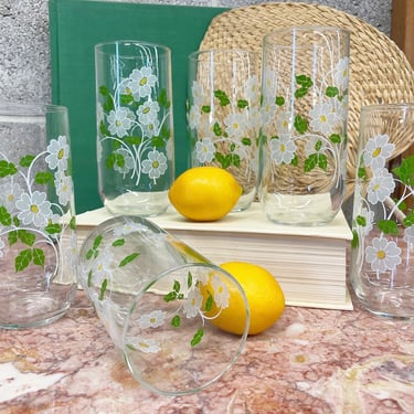 Vintage Drinking Glasses Retro 1960s Mid Century Modern + White Flowers + Set of 6 +Tumblers + MCM + Drinkware + Home and Kitchen Decor 