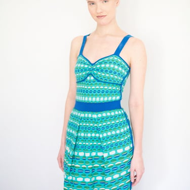 Vintage M by Missoni Cotton Knit Green + Blue Tank Dress with Cupped Bust sz XS S Textured Y2K Bustier Style Space Dye 