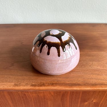 Vintage lavender ceramic orb / Ron Fenchak signed closed-form pottery incense holder or flower frog–style weedpot 