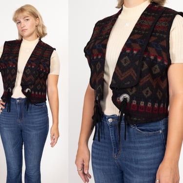 Medium 90s Southwestern Wool Knit Sweater Vest | Vintage Cropped Collared Boho Open Fit Sleeveless Western Top 