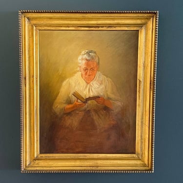 Antique Portrait Painting of Matriarch Reading with Gold Leaf Frame, c.1940’s 