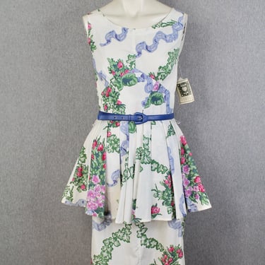 1980s Floral Peplum Dress by Country Romance -  Tea Dress - Cottage Core - Midi Dress - Size 9/10 