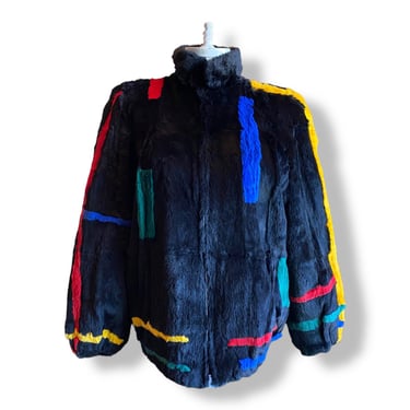 Vintage Black Rabbit Fur Jack with Red Yellow Green Blue Colorful Size Large 