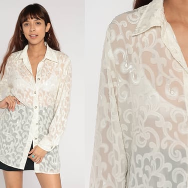 Sheer White Blouse 90s Embossed Burnout Top Floral Cut Out Shirt Long Sleeve Button Up Side Slit Retro Party Formal Vintage 1990s Medium 10 