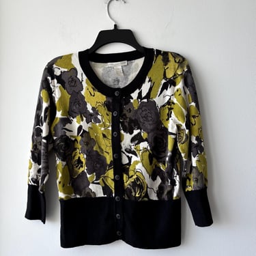 Vintage Sarah Spencer Cardigan Sweater Green Black Floral Women Medium Art To Wear 