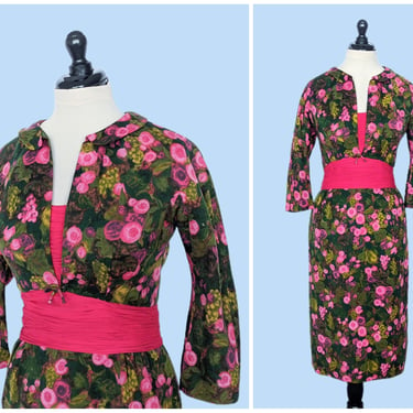 Vintage 1950s Floral Cocktail Wiggle Dress, Vintage 50s Pink and Green Fitted Evening Gown 