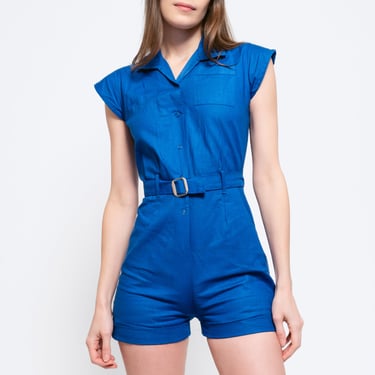 Petite XS 1950s Blue Gym Uniform Romper | Vintage 50s Merrygarden Short Sleeve Snap Front Cotton P.E. Playsuit 