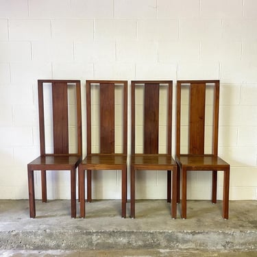 Midcentury Modern studio craft solid walnut 1960’s set of four high back dining chairs 
