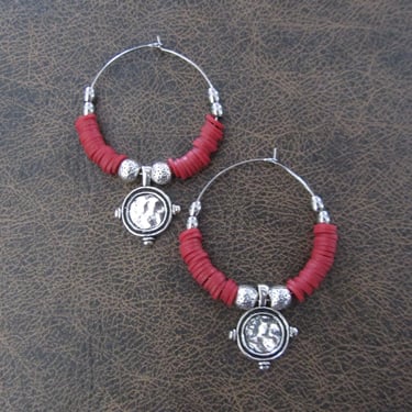 Silver and red polymer clay hoop earrings 