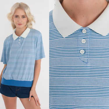 Striped Polo Shirt 80s Blue White Collared T-Shirt Short Sleeve Banded Hem Button Neck Top Preppy Slouchy 1980s Vintage Petite Large L 