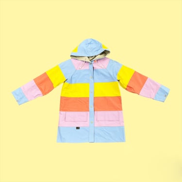 Vintage Raincoat Retro 1970s Aqua-Sheen + Size Small + Multi Color Stripes + Light Grey + Reversible Stadium Jacket + Unisex Apparel 