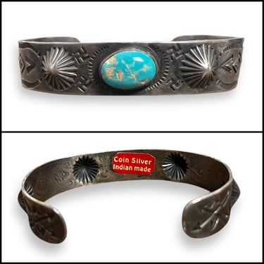 Vintage 1920s/1930s INGOT Silver & Turquoise DINÉ (Navajo) Bracelet / Cuff ~ Old Pawn ~ Whirling Log ~ Repousse ~ Rare 