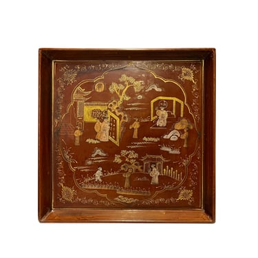 Chinoiseries Golden Graphic Brown Lacquer Square Display Disc Plate Tray ws2752E 