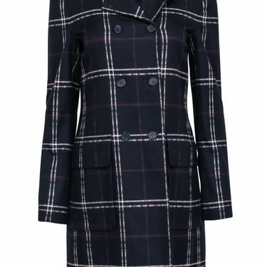 Theory - Navy, Red & White Plaid Double Breasted Longline Coat Sz S