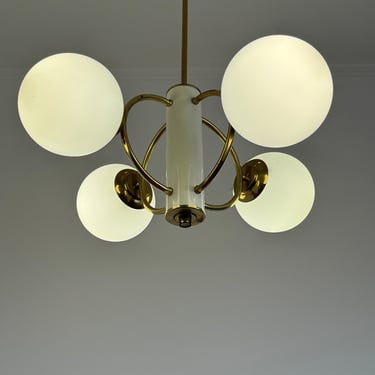 Vintage 4-Arms Chandelier / Retro Ceiling Light / Pendant Hanging Lamp / Mid Century Modern /Glass & Brass / Chandelier Lighting / 1970s 