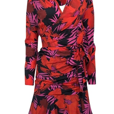 Veronica Beard - Red, Pink & Black Tropical Pattern Long Sleeve Mini Dress Sz 2