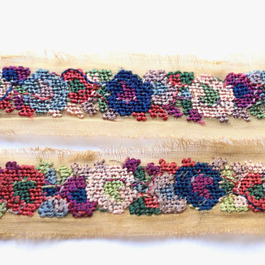 9.56 Yards Antique French Petit Point Silk Hand Embroidered Floral Ribbon Trim for Sewing Millinery Costume Bridal Decorating - 1 1/8” Wide 