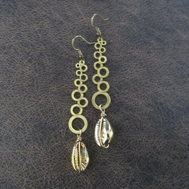 Long mid century modern gold cowrie shell earrings, 2 