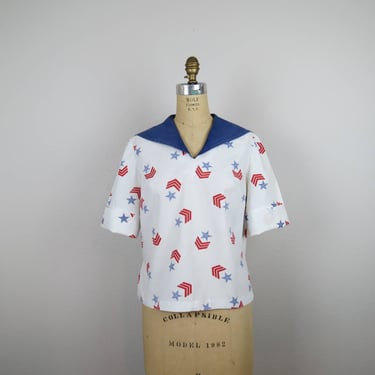 Vintage 1950s cotton sailor style blouse, land girl, nautical theme, medium 