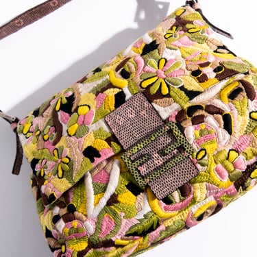 FENDI 90s Floral Embroidered Mama Baguette with Lizard Details