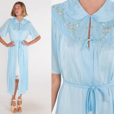 70s Pajama Robe Blue Lingerie Bed Jacket Floral Embroidered Long Nightgown Open Tie Front Nightie Rounded Collar Vintage 1970s Small Medium 