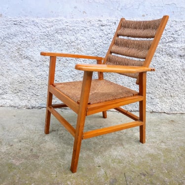 Vintage Wooden Armchair/ Modern Brown Straw Chair/Retro Balcony Chair/Patio Furniture/ Old Wooden Folding Chair/Retro Chair with Straw /80s 