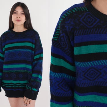 Striped Geometric Sweater 90s Meister Ski Sweater Black Purple Green Pullover Crewneck Slouch Acrylic Wool Knit 1990s Vintage Medium Large 