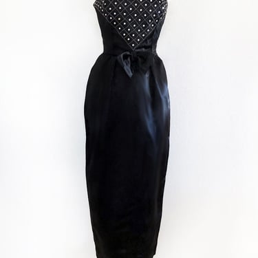 Black Satin Beaded & Stones Vintage Evening Gown Dress Strapless Mike Benet Formal 1960's, 1970's Wiggle Pencil Dress, Party Prom Dress 