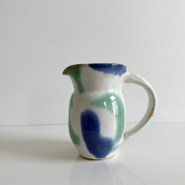 Studio Pottery Ceramic Pitcher Water Jug White with Blue Blobs Handmade Vintage 