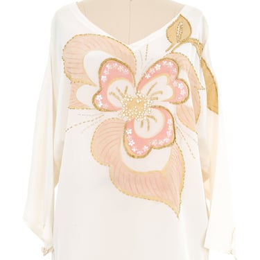 White Embellished Painted Silk Floral Top