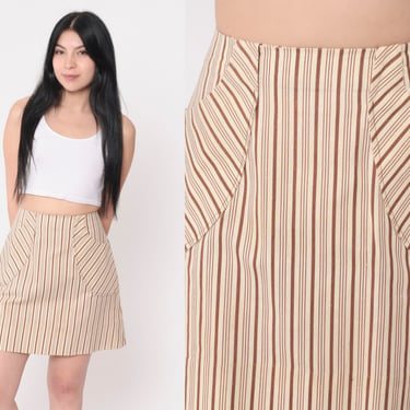 60s Mini Skirt Cream Brown Striped Skirt Mod Patch Pocket Boho High Waisted 70s Bohemian Skirt A-line Retro Flared Vintage Extra Small xs 