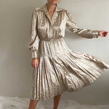 80s silk charmeuse dress / vintage polka dot liquid silk puff sleeve French cuff pleated charmeuse dress | Medium 