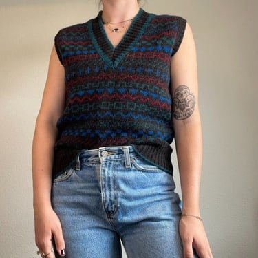 Vintage Women's Preppy Grandpa Geometric Oversized Wool V Neck Sweater Vest Sz S 