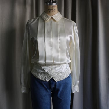 90's Cream Satin Blouse / Soutache Pleated Top / Women's 