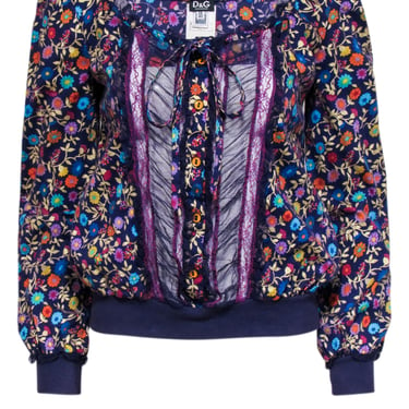 Dolce &amp; Gabbana - Purple Floral Print Lace Button Front Blouse Sz 6