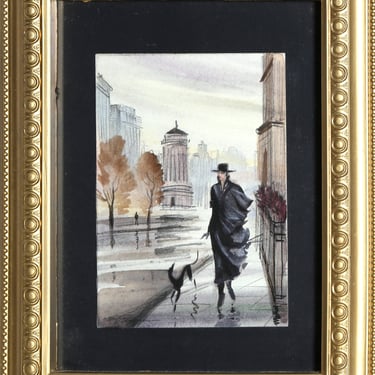 Erik Freyman, Dog Walking, Watercolor 