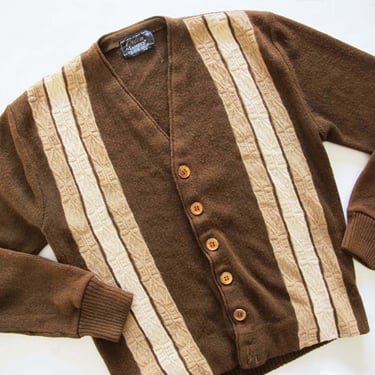 Vintage 60s Brown Stripe Cardigan S - 1960s Campus V Neck Grunge Grandpa Cardigan Sweater 