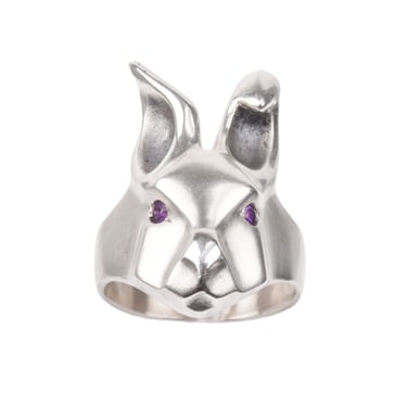 White Rabbit Ring With Amethyst Eyes, Modernist Sterling Silver Ring, Animal Jewelry, 7 1/2 US 