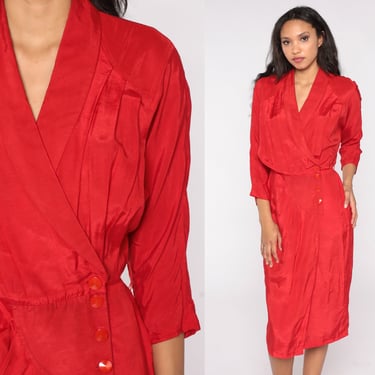 Red Wrap Dress 80s High Waisted Midi Dress 3/4 Sleeve V Neck Shawl Collar Button Up Plain Secretary 1980s Vintage Retro All That Jazz Medium 