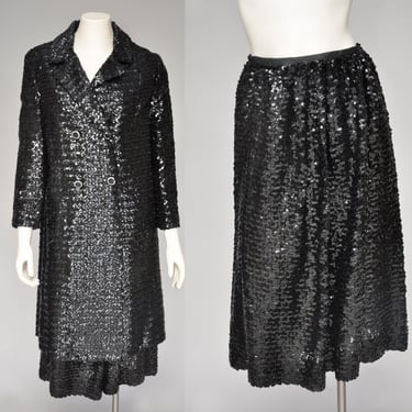 vintage 1950s 60s black sequin skirt w/ matching coat party M 