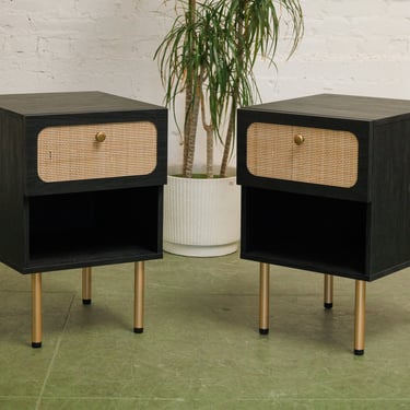 Pair of Black and Rattan Nightstands