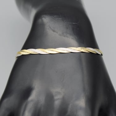 90's Italy 925 silver vermeil 3 strand braided herringbone bracelet, two tone sterling flat twist chains stacker 