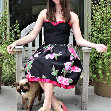 Strapless Dress, Vintage 1980s Cocktail Garden Party Dress, Size 38FR Women, Black Pink Floral Print, Prom 