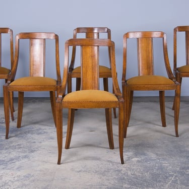 1930s French Art Deco Gondola Maple Dining Chairs W/ Golden Yellow Velvet - Set of 6 