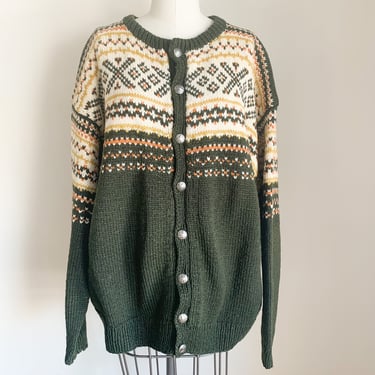 Vintage 1960s Forest Green Wool Nordic Cardigan / XL 