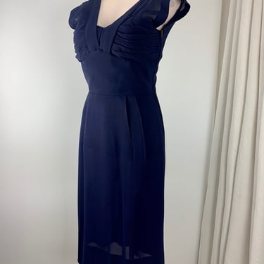 1950's Wiggle Dress - Empire Waist - Navy Rayon Fabric - Interesting Deep V Neckline - Size Medium 
