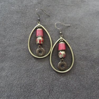 Gemstone inlay Tibetan style bronze hoop earrings 2 