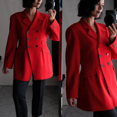 Vintage 90s DKNY Red Gabardine Double Breasted Asymmetrical Longline Blazer w/ Large Black Buttons | 100% Wool | 1990s DKNY Designer Jacket 